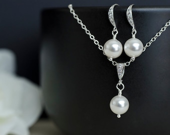 Bridal Pearl Earrings and Necklace in Sterling Silver, White/Ivory Swarovski Single Pearl Earrings and Pendant, Pearl Jewelry Set