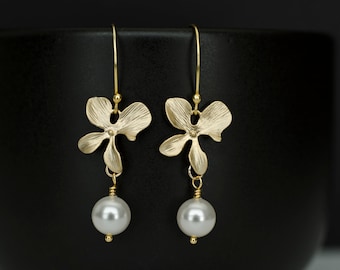 Gold Orchid and White Swarovski Pearl Earrings