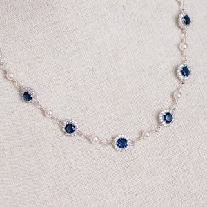 Bridal Necklace, Bridal Pearl and Blue Sapphire Necklace, Something Blue Necklace, Wedding Jewelry,Bridal Jewelry, Sapphire Pearl Necklace