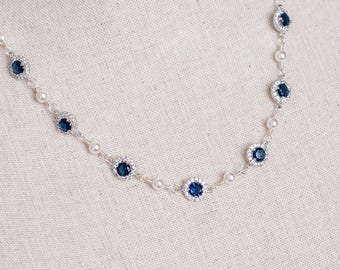 Bridal Necklace, Bridal Pearl and Blue Sapphire Necklace, Something Blue Necklace, Wedding Jewelry,Bridal Jewelry, Sapphire Pearl Necklace