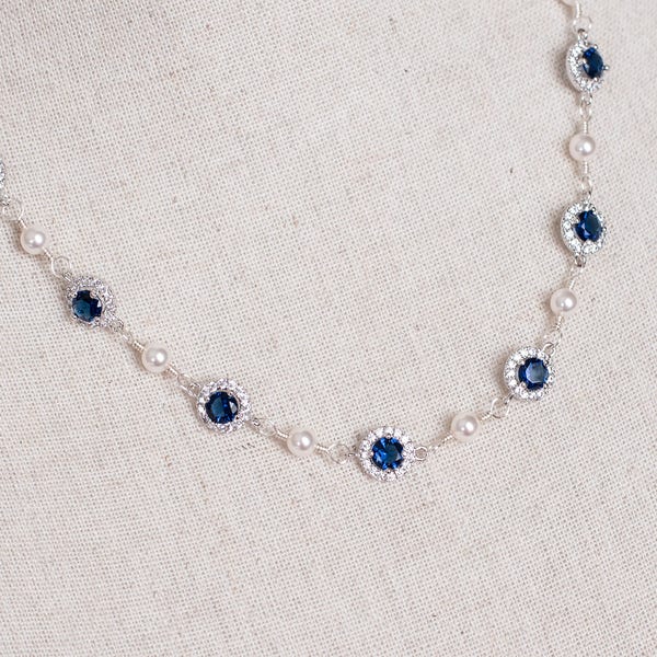 Bridal Necklace, Bridal Pearl and Blue Sapphire Necklace, Something Blue Necklace, Wedding Jewelry,Bridal Jewelry, Sapphire Pearl Necklace