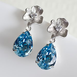 Bridal Earrings, Bridesmaids Earrings, Cubic Zirconia Flower Eearposts and Aquamarine Swarovski Crystal Tear Drops