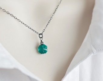 Emerald Green Clover Necklace, Emerald Green Swarovski Crystal Pendant, Oxidized Sterling Silver Necklace