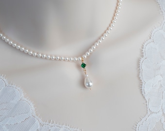 Collana vintage in stile romantico con smeraldi, girocollo da sposa con perle e smeraldi e zirconi cubici, collana vintage con perle Swarovski e smeraldi e zirconi cubici