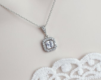 Bridal Necklace, Cubic Zirconia Bridal Necklace, Cubic Zirconia Square Pendant on Rhodium Plated Over Brass Chain, Wedding Bridal Necklace