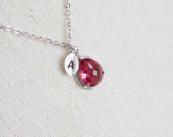 Ruby Teardrop Glass Initial Necklace, January Birthstone Personalized Initial Necklace, Monogram Initial Necklace, Mother Grandmother Gift