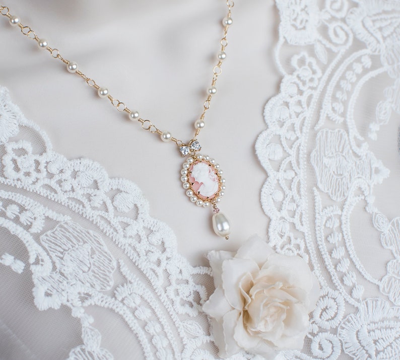 Swarovski Pearl Cameo Necklace, Bridal Vintage Style Cameo Necklace, Coral Lady Cameo Necklace, Victorian Wedding Necklace, Pearl Necklace image 2