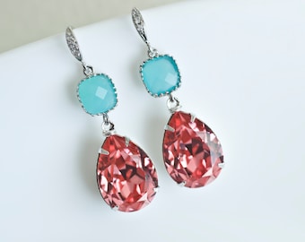 Rose Pfirsich Koralle und blau türkis Swarovski Kristall Ohrringe, Koralle-Türkis-Strand-Hochzeit, Brautjungfer Schmuck, Hochzeit