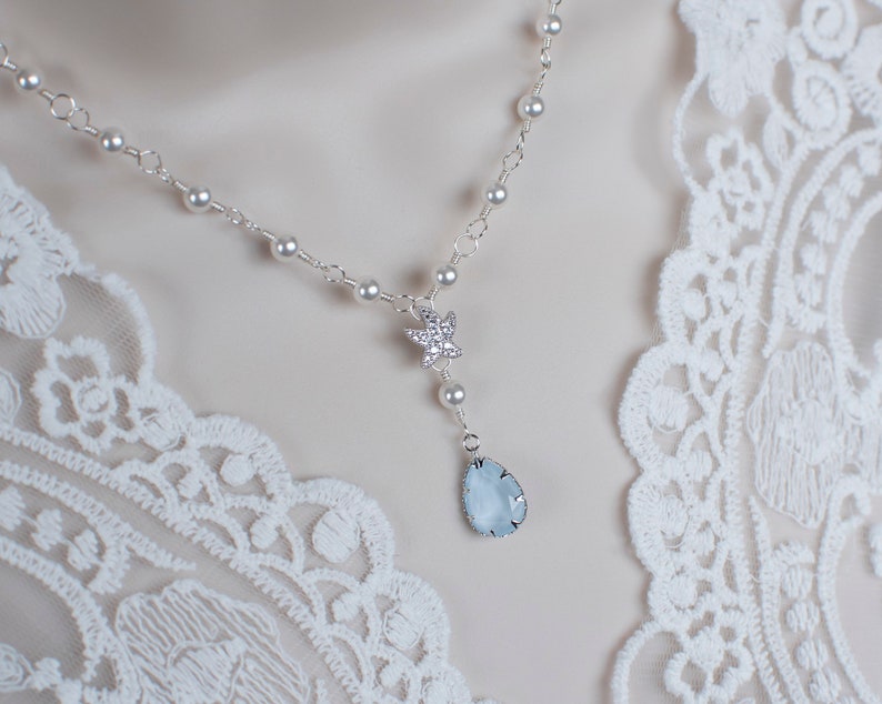 Starfish Cubic Zirconia Starfish Necklace and Light Blue Swarovski Crystal Teardrop, Bridal Bridesmaids Necklace, Beach Wedding Necklace image 1