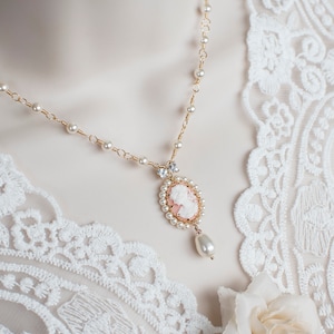 Swarovski Pearl Cameo Necklace, Bridal Vintage Style Cameo Necklace, Coral Lady Cameo Necklace, Victorian Wedding Necklace, Pearl  Necklace