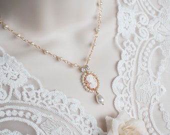 Swarovski Pearl Cameo Necklace, Bridal Vintage Style Cameo Necklace, Coral Lady Cameo Necklace, Victorian Wedding Necklace, Pearl  Necklace