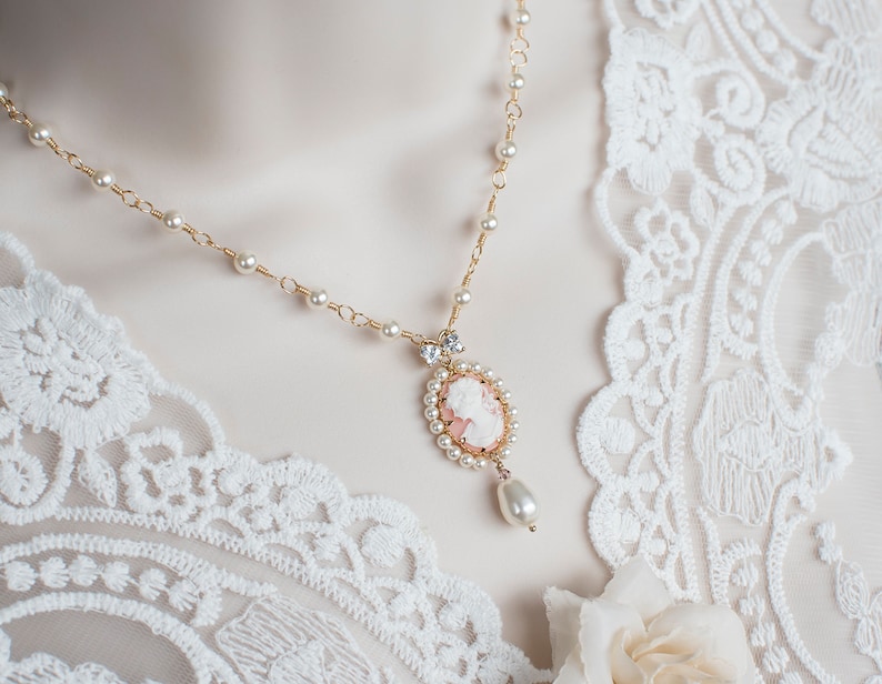 Swarovski Pearl Cameo Necklace, Bridal Vintage Style Cameo Necklace, Coral Lady Cameo Necklace, Victorian Wedding Necklace, Pearl Necklace image 1