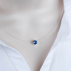 Blue Sapphire Necklace, Blue Sapphire Square Swarovski Crystal, Bridesmaids Gift, Dainty Everyday Necklace, Swarovski Illusion Necklace