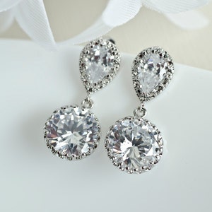 Bridal Earrings Rhodium Plated Cubic Zirconia Ear Posts and Large Cubic Zirconia Round Drops Earrings image 3