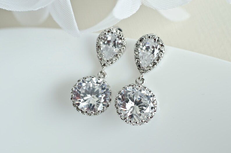 Bridal Earrings Rhodium Plated Cubic Zirconia Ear Posts and Large Cubic Zirconia Round Drops Earrings image 3