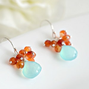 Cluster Earrings Handmade Aqua Blue Chalcedony and Carnelian Cluster Earrings in Sterling Silver image 5