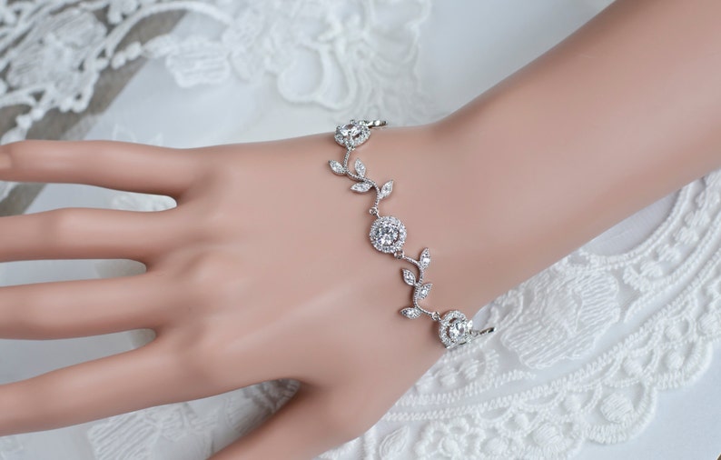 Bridal Bracelet, Cubic Zirconia Round Connector and Branch Tree Bracelet, CZ Bridal Jewelry, Bridal Bridesmaids Necklace, CZ Wedding Jewelry image 2