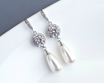 Bridal Earrings, Bridal Pearl Earrings, Cubic Zirconia and Pearls Long Dangle Bridal Pearls Earrings, Bridal Jewelry, Wedding Bridal Jewelry