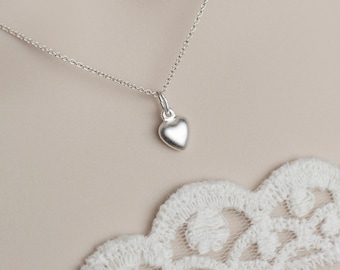 Heart Necklace, Tiny Sterling Silver Puff Heart Charm Necklace, Sterling Silver Charm Necklace, Dainty Everyday Necklace