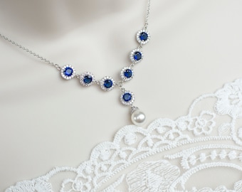 Bridal Necklace, Bridal Pearl and Blue Sapphire Necklace, Something Blue Necklace, Wedding Jewelry, Bridal Jewelry, Sapphire Pearl Necklace