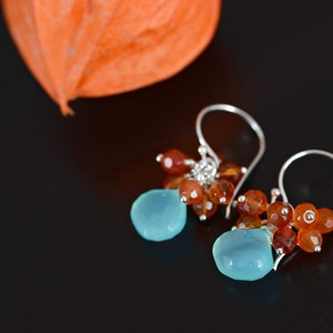 Cluster Earrings Handmade Aqua Blue Chalcedony and Carnelian Cluster Earrings in Sterling Silver image 2