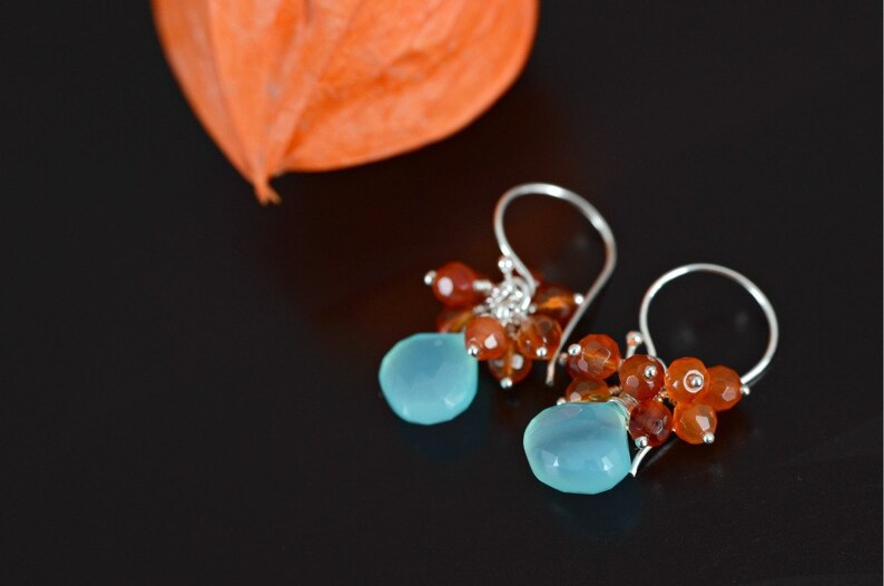 Cluster Earrings Handmade Aqua Blue Chalcedony and Carnelian Cluster Earrings in Sterling Silver image 2