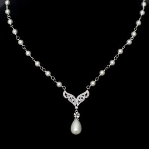 Bridal Necklace, Wedding Bridal Necklace, Pearl Rhinestone Bridal Necklace, White Swarovski Pearl and Cubic Zirconia Necklace