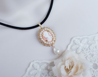 Pearl Cameo Necklace, Black Velvet Vintage Style Cameo Necklace, Coral Lady Cameo Necklace, Victorian Wedding Necklace, Pearl Cameo Necklace