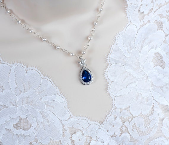 ブルーサファイア ヒトデネックレス、ブライダルネックレス、CZ ブルー 