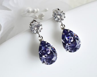 Purple, Tanzanite Swarovski Earrings, Bridesmaids Earrings, Tanzanite Swarovski Teardrops and Cubic Zirconia Stud Earrings