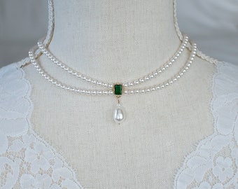 Vintage, Romantic Style Emerald Necklace, Wedding Pearl and Emerald CZ Bridal Choker, Emerald CZ Multi Row Vintage Swarovski Pearl Necklace