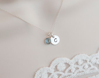 Initial Necklace,Birthstone Monogram Initial Silver Disc Necklace,Up to 5 Disc Charm Silver,Personalized Jewelry,Mom Sister Best Friend Gift