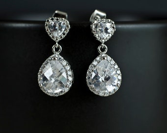 Bridal Earrings Cubic Zirconia Heart Shape Ear Posts and Large Cubic Zirconia Crystal Tear Drops