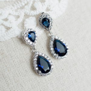 Sapphire Earrings, Blue Sapphire Bridal Earrings, Cubic Zirconia Ear Post and Blue Sapphire Teardrops, Bridesmaids Earrings, Bridal Earrings