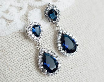 Sapphire Earrings, Blue Sapphire Bridal Earrings, Cubic Zirconia Ear Post and Blue Sapphire Teardrops, Bridesmaids Earrings, Bridal Earrings