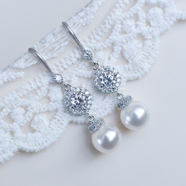 Bridal Earrings, Bridal Pearl and White Cubic Zirconia Earrings, CZ and Pearl Earrings, Wedding Jewelry, Bridal Jewelry, Dangle Earrings
