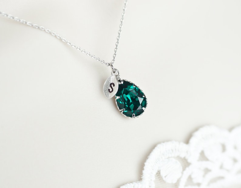 Green Emerald Swarovski Terdrop, Custom Initial Necklace,Birthstone Personalized Initial Necklace,Monogram Initial Necklace,Bridesmaids Gift image 1