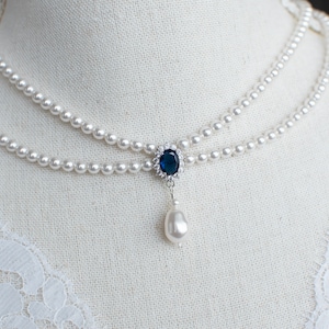 Vintage, Romantic Style Blue Sapphire Necklace, Wedding Pearl and Sapphire CZ Bridal Choker,  Multi Row Vintage Swarovski Pearl Necklace