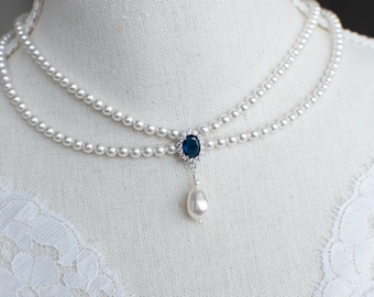 Vintage, Romantic Style Blue Sapphire Necklace, Wedding Pearl and Sapphire CZ Bridal Choker,  Multi Row Vintage Swarovski Pearl Necklace