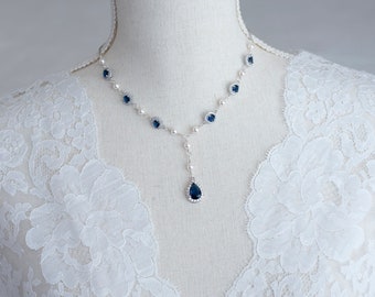 Bridal Necklace, Bridal Pearl and Blue Sapphire Necklace, Something Blue Y Necklace, Wedding Jewelry,Bridal Jewelry, Sapphire Pearl Necklace