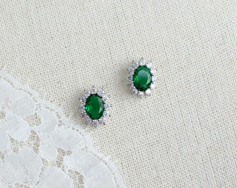 Green Emerald Earrings,Emerald Cubic Zirconia ,Green CZ Bridal Earrings,Cubic Zirconia Stud Earrings,Oval Stud Earrings,Bridesmaids Earrings