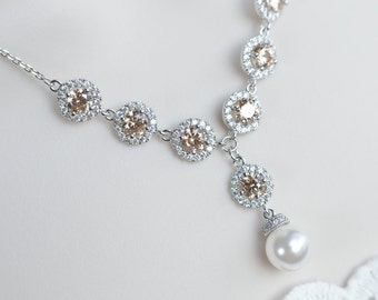 Bridal Necklace, White and Champagne Cubic Zirconia Bridal Necklace, Swarovski Pearl and CZ Bridal Necklace, Bridesmaids Necklace Gift