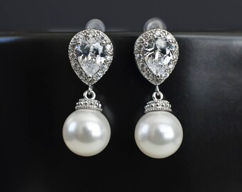 Bridal Earrings, Bridal Pearl Earrings, Swarovski Pearl Dangle Earrings, Cubic Zirconia Ear Posts with Crystal White/Ivory Swarovski Pearl