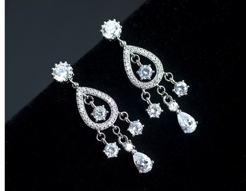 Bridal Earrings, Chandelier Bridal Earrings, Cubic Zirconia Chandelier Bridal Earrings, CZ Stud Chandelier Bridal Earrings image 1