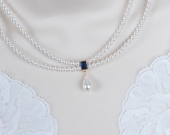 Vintage, Romantic Style Blue Sapphire Necklace, Wedding Pearl and Sapphire CZ Bridal Choker,  Multi Row Vintage Swarovski Pearl Necklace