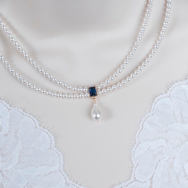 Vintage, Romantic Style Blue Sapphire Necklace, Wedding Pearl and Sapphire CZ Bridal Choker,  Multi Row Vintage Swarovski Pearl Necklace