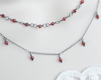 Garnet Necklace, Oxidized Sterling Silver Garnet Necklace, Wire Wrapped Oxidized Necklace, Two Layers Necklace, Garnet Birthstone Necklace