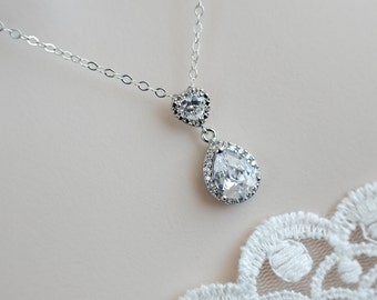 Bridal Necklace, Cubic Zirconia Heart Shape and Large Cubic Zirconia Crystal Tear Drop Necklace, Bridesmaids Necklace, CZ Bridal Jewelry,