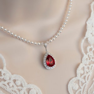 Collier rubis rouge, collier de mariée, collier de perles de mariée et goutte d'eau rubis rouge, collier siam rouge, bijoux de mariée de mariage image 1