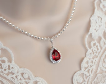 Red Ruby Necklace, Bridal Necklace, Bridal Pearl and Red Ruby Teardrop Necklace, Red Siam Necklace, Wedding Bridal Jewelry